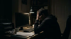Personne seule assise devant un écran d'ordinateur éteint dans une pièce sombre