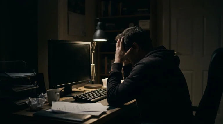 Personne seule assise devant un écran d'ordinateur éteint dans une pièce sombre