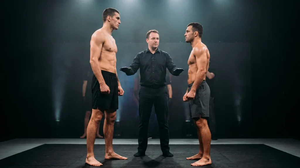 Deux combattants de MMA face à face lors de la pesée officielle avant un combat UFC