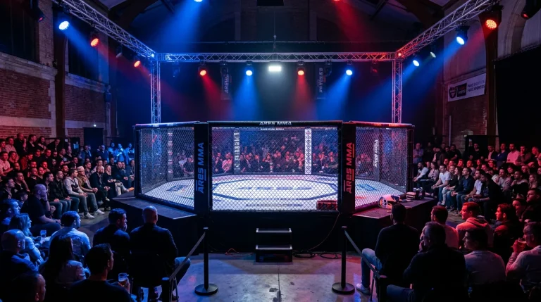 Cage MMA dans une salle de combat française avec éclairage de soirée événementielle
