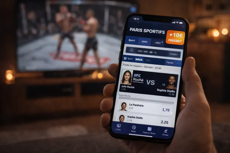 Main tenant un smartphone avec une notification de freebet MMA devant un écran de combat UFC