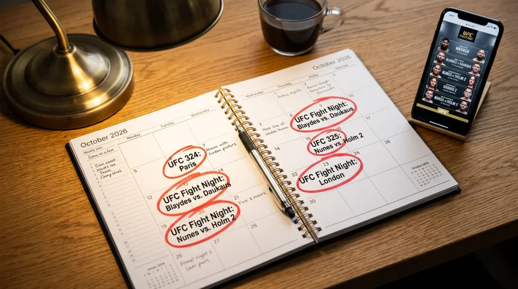 Agenda ouvert avec des dates d'événements UFC surlignées et un smartphone à côté