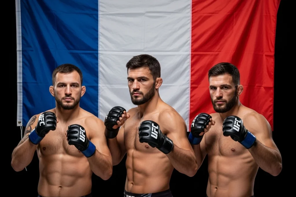 Trois combattants MMA debout côte à côte avec un drapeau français en arrière-plan