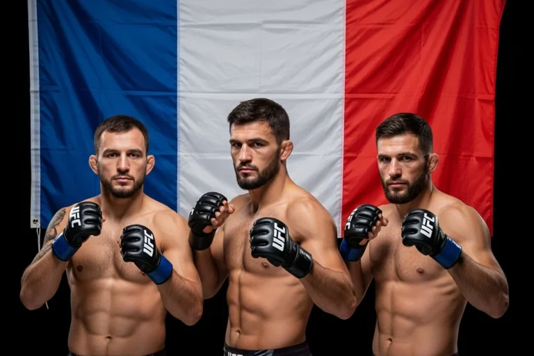 Trois combattants MMA debout côte à côte avec un drapeau français en arrière-plan
