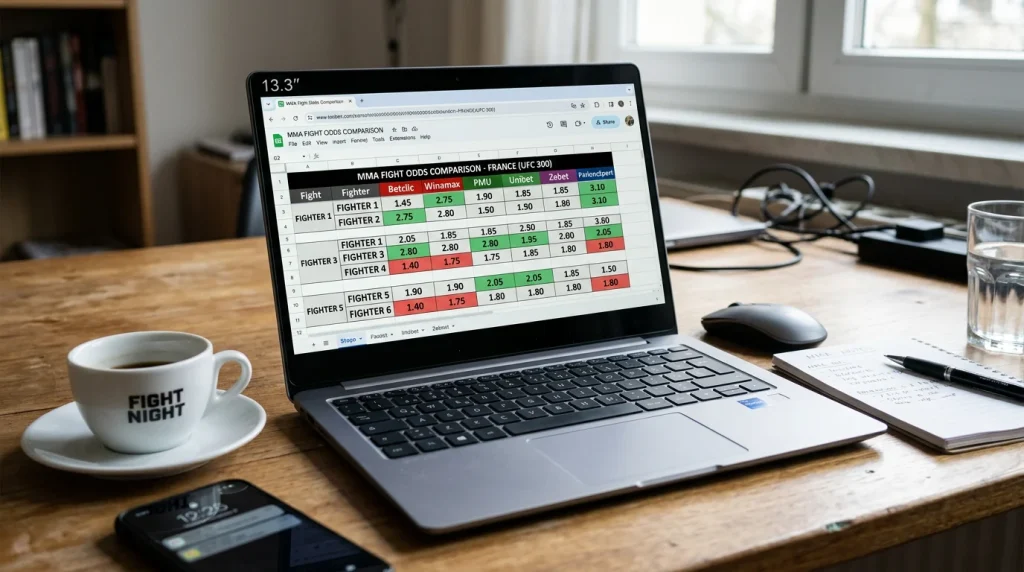 Écran d'ordinateur affichant un tableau comparatif de cotes MMA entre plusieurs bookmakers