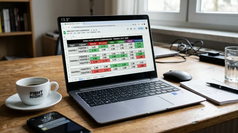 Écran d'ordinateur affichant un tableau comparatif de cotes MMA entre plusieurs bookmakers