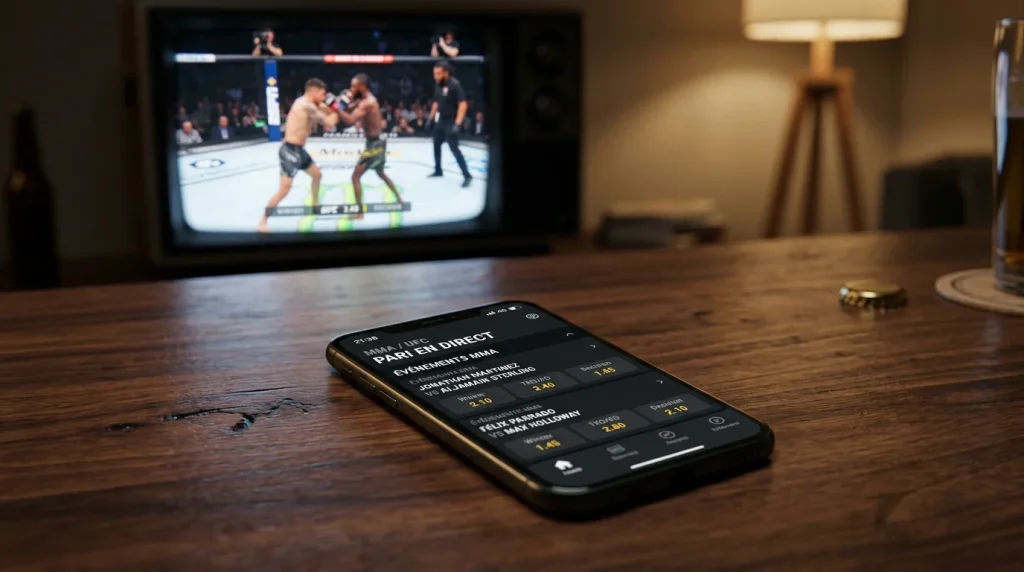 Écran de smartphone affichant des cotes de paris MMA avec un octogone en arrière-plan