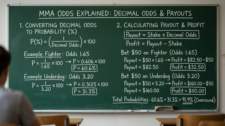 Tableau noir avec des formules de calcul de cotes décimales et probabilités MMA