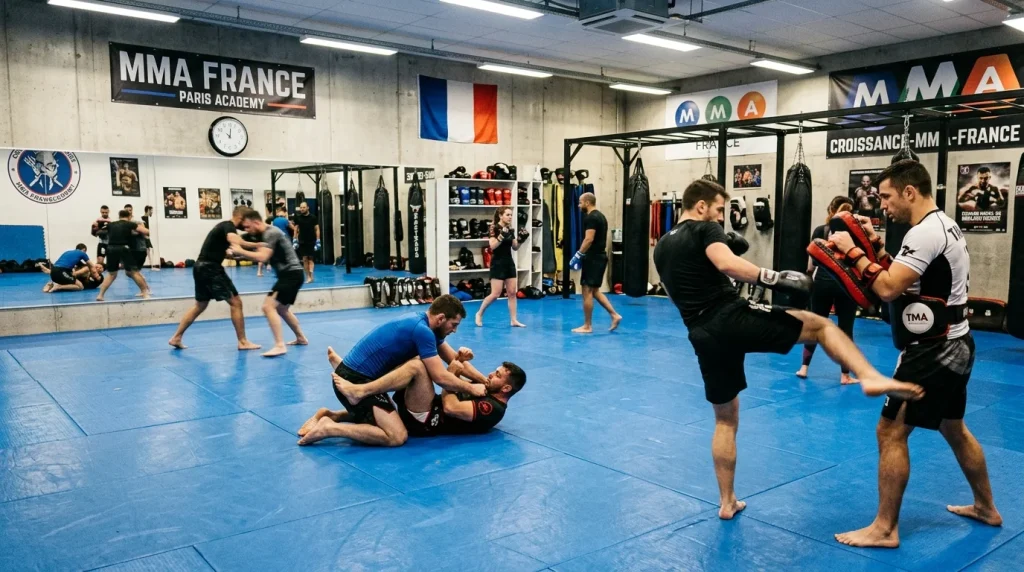 Salle d'entraînement MMA en France avec des pratiquants sur un tatami