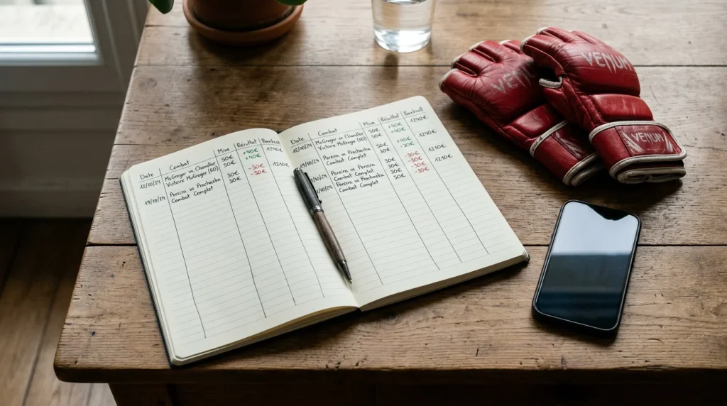 Carnet de notes avec un plan de gestion de bankroll posé à côté de gants de MMA