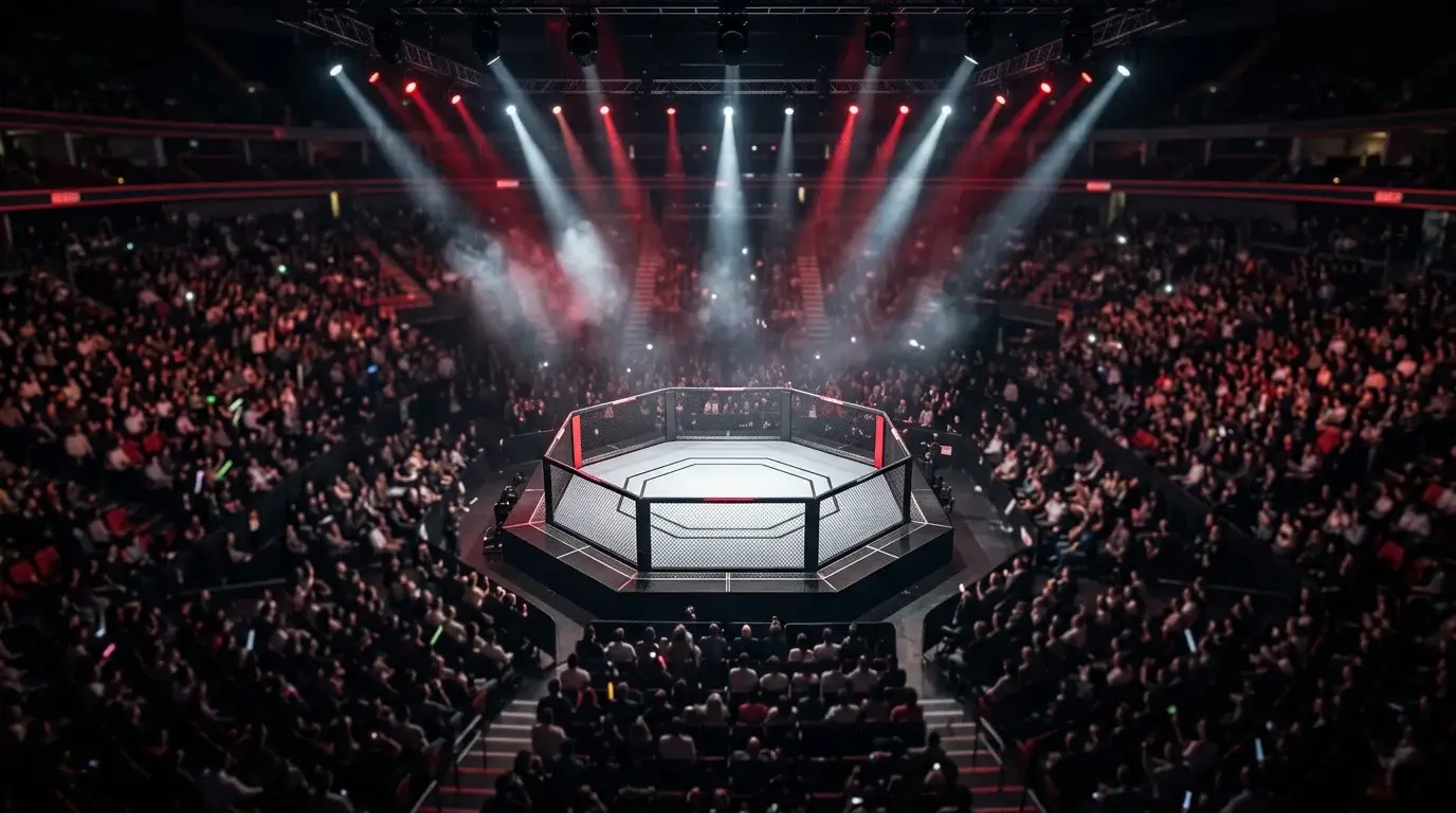 Octogone UFC &eacute;clair&eacute; dans une ar&egrave;ne en France, vue plongeante sur le canvas et les spectateurs