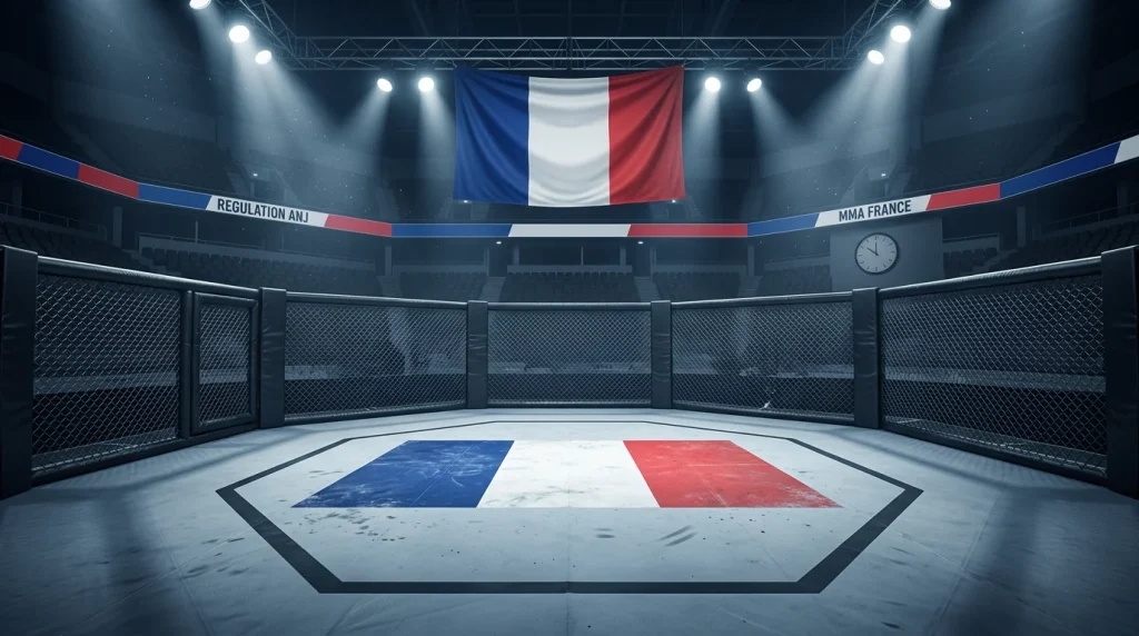 Octogone de MMA éclairé sous les projecteurs dans une arène française avec le drapeau tricolore