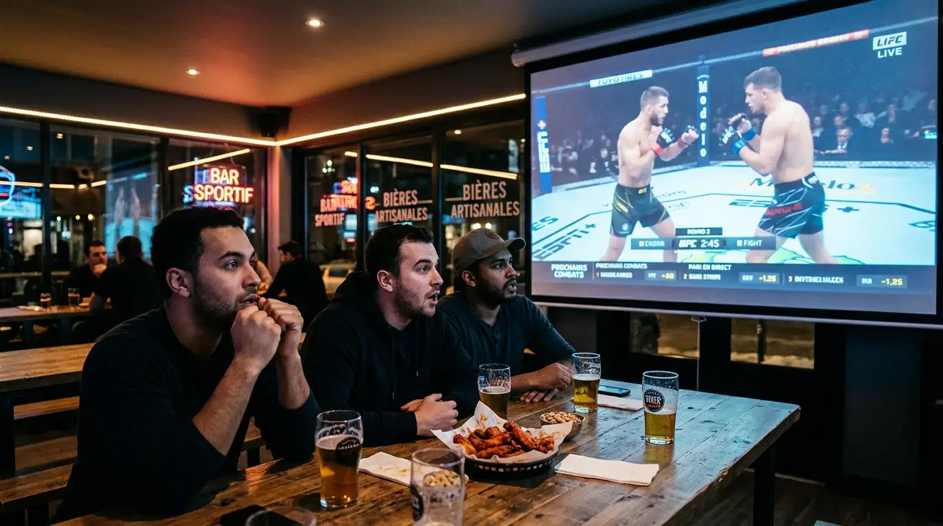 Spectateurs concentr&eacute;s devant un &eacute;cran diffusant un combat MMA en direct dans un bar sportif