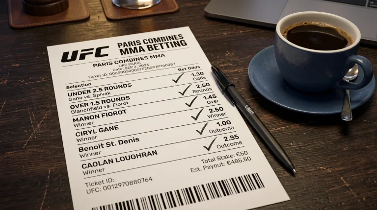 Ticket de paris sportifs avec plusieurs sélections MMA cochées sur un bureau