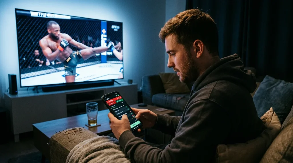 Personne regardant un combat UFC en direct sur une télévision avec un smartphone de paris à la main