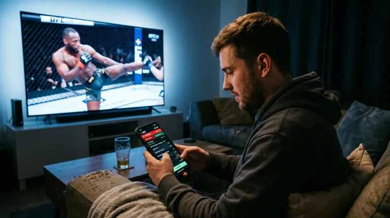 Personne regardant un combat UFC en direct sur une télévision avec un smartphone de paris à la main