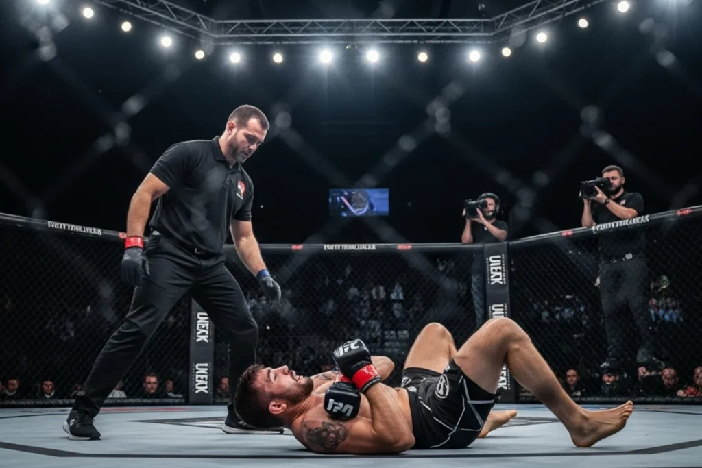Combattant MMA au sol dans un octogone avec l'arbitre intervenant après une soumission