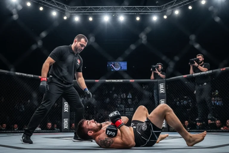 Combattant MMA au sol dans un octogone avec l'arbitre intervenant après une soumission