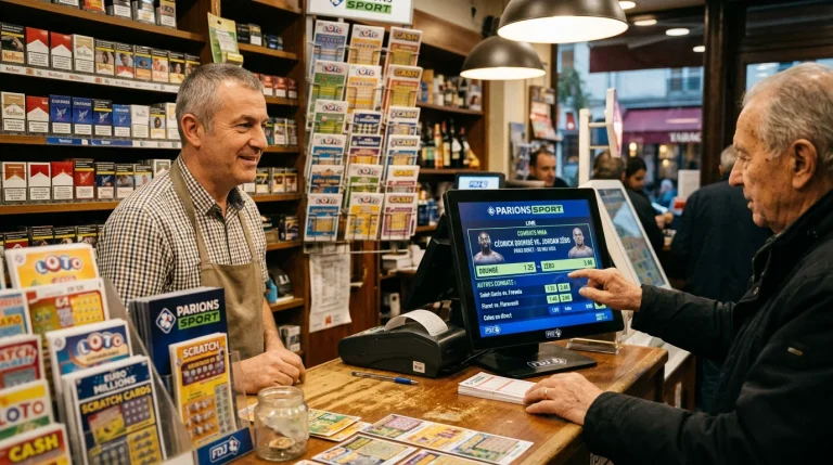 Comptoir d'un bureau de tabac français avec un terminal de paris sportifs et un écran MMA