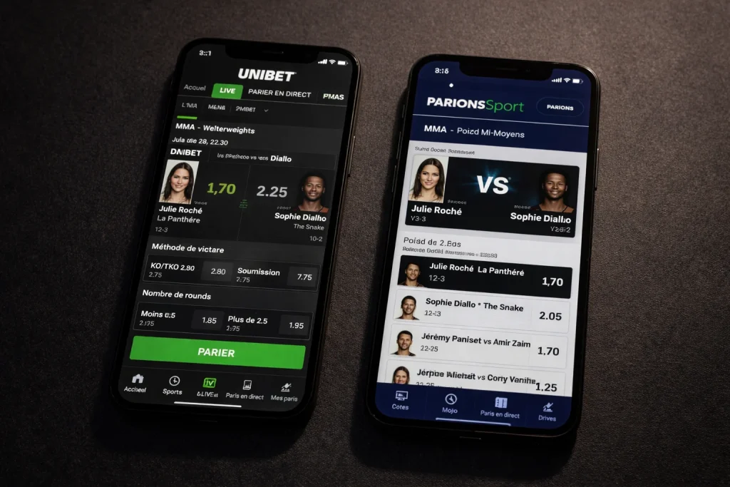 Deux écrans de smartphones côte à côte affichant des applications de paris MMA