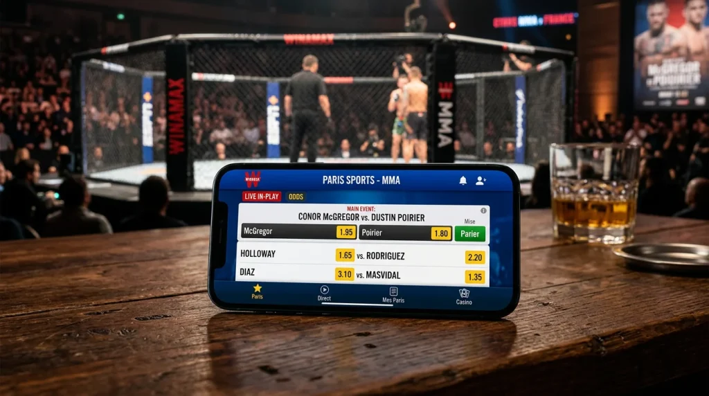 Smartphone affichant une application de paris sportifs MMA posé sur une table près d'un octogone