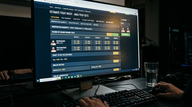 Écran de bookmaker affichant des marchés spéciaux MMA avec des cotes sur le round exact