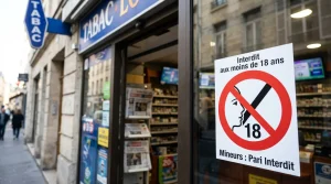 Panneau d'interdiction aux moins de 18 ans devant un bureau de tabac français