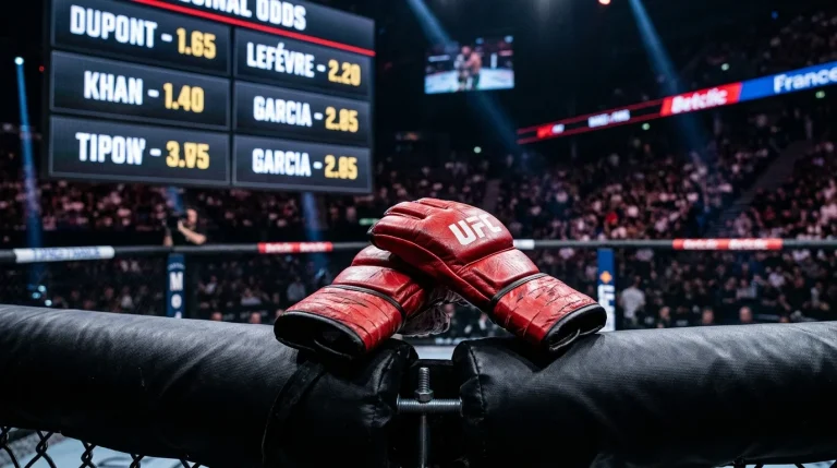 Gants de MMA posés sur le bord d'un octogone avec un écran de cotes en arrière-plan