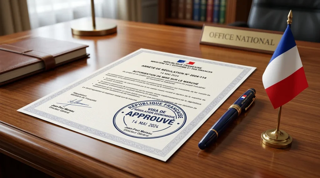 Document officiel avec le logo ANJ et un tampon d'autorisation sur un bureau
