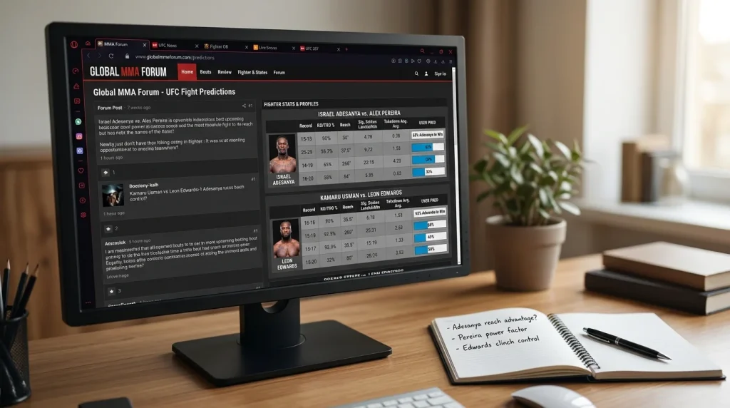 Écran d'ordinateur montrant un forum MMA avec des pronostics et des statistiques de combattants