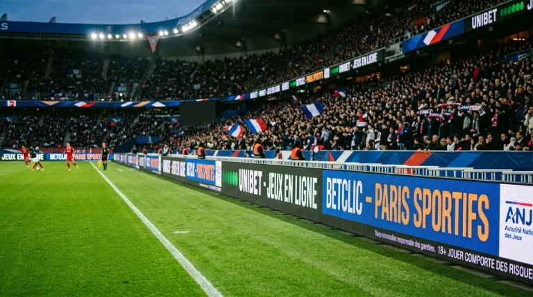 Panneaux publicitaires pour des paris sportifs dans un stade de football français