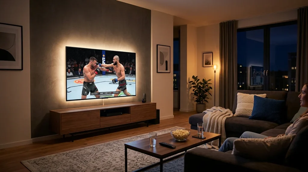 Salon avec une télévision diffusant un combat UFC en direct et un éclairage tamisé