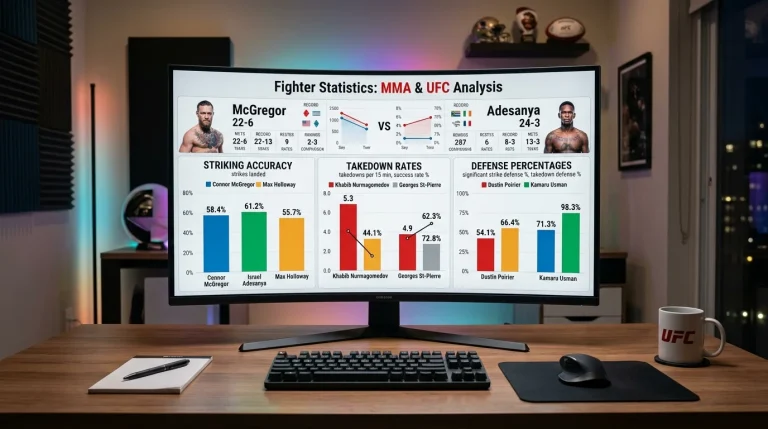 Écran d'ordinateur affichant des statistiques détaillées de combattants MMA avec des graphiques