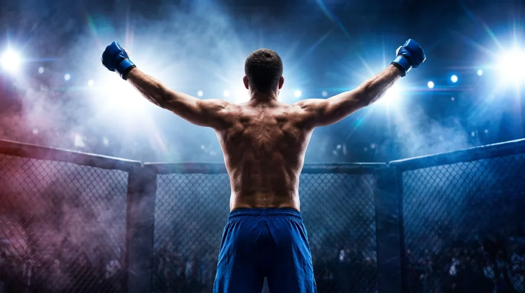 Combattant de MMA célébrant une victoire par KO dans un octogone éclairé