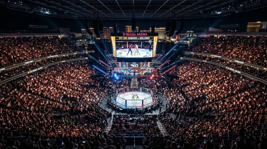 Vue d'ensemble d'un événement UFC avec un octogone éclairé et des milliers de spectateurs