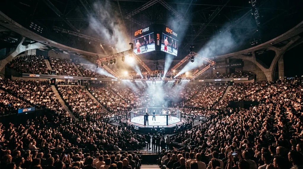 Intérieur de l'Accor Arena rempli de spectateurs avec un octogone UFC au centre