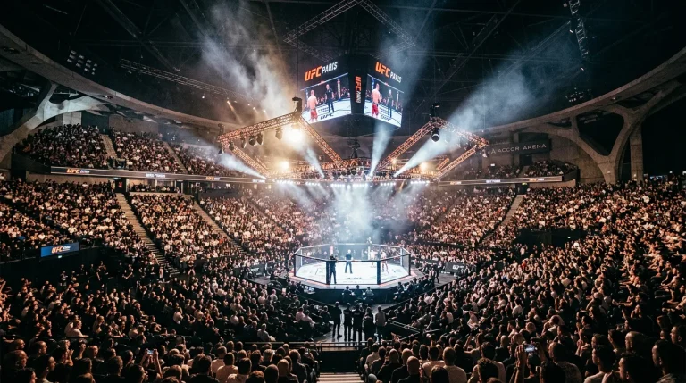 Intérieur de l'Accor Arena rempli de spectateurs avec un octogone UFC au centre