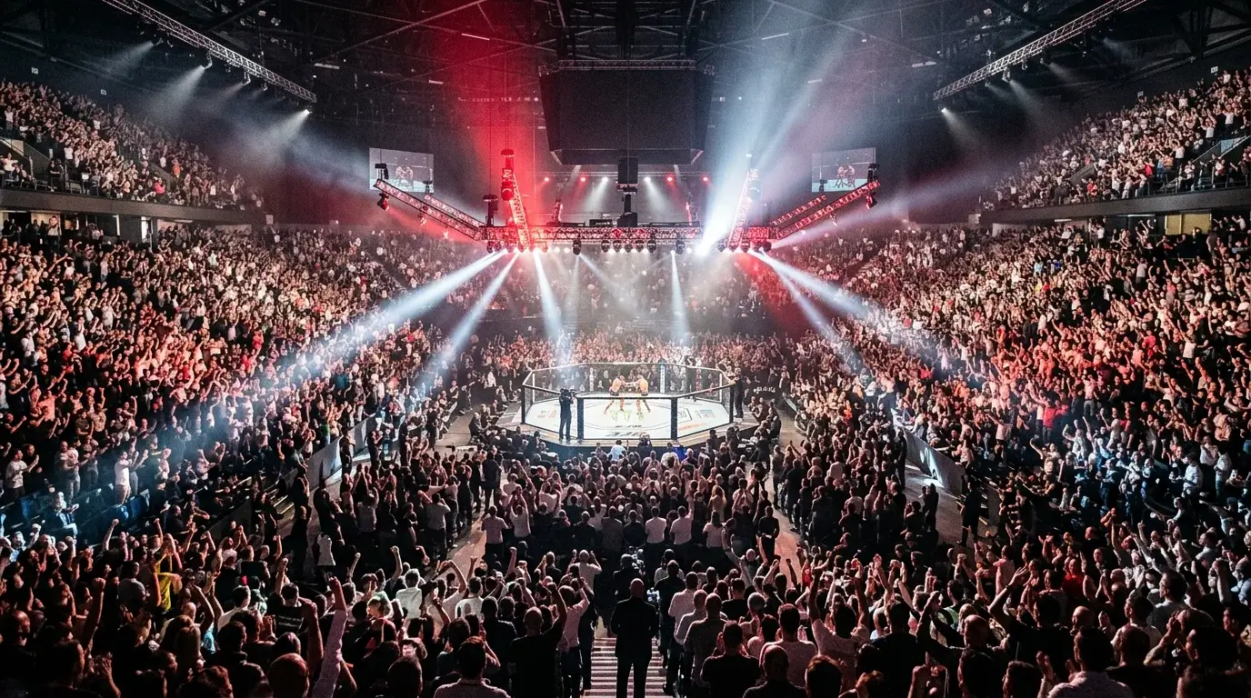 Foule enthousiaste &agrave; l'Accor Arena de Paris lors d'un &eacute;v&eacute;nement UFC avec &eacute;clairage sc&eacute;nique