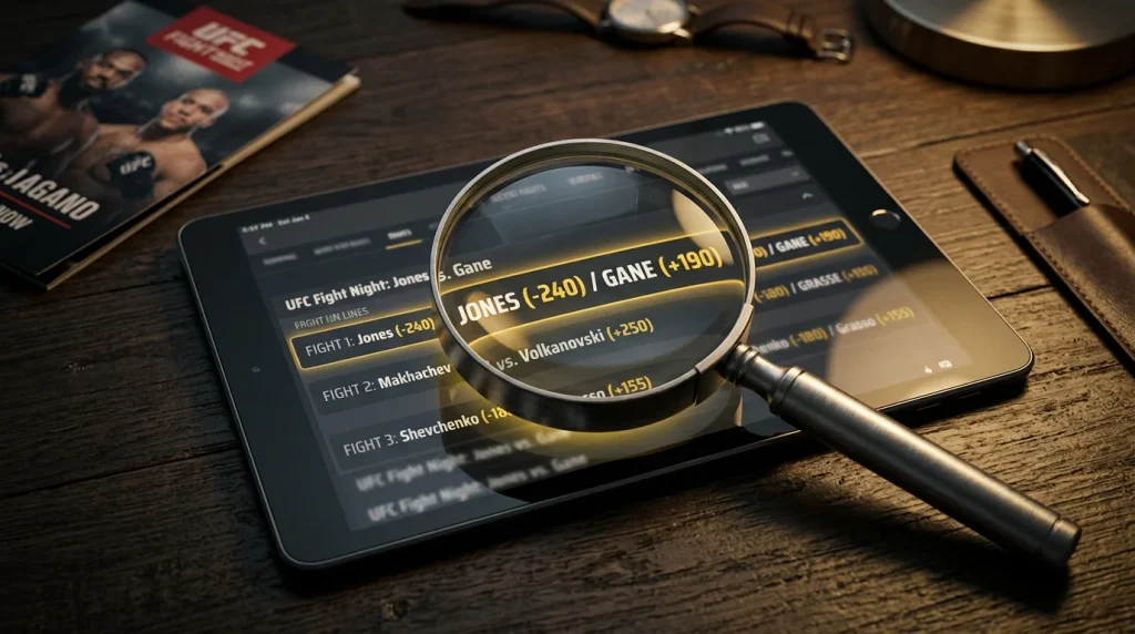 Loupe posée sur un écran de cotes MMA mettant en évidence un écart de probabilité
