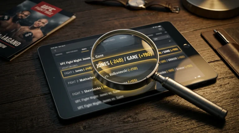 Loupe posée sur un écran de cotes MMA mettant en évidence un écart de probabilité